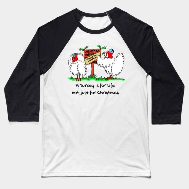 Turkeys in Lockdown Christmas Baseball T-Shirt by Michelle Le Grand